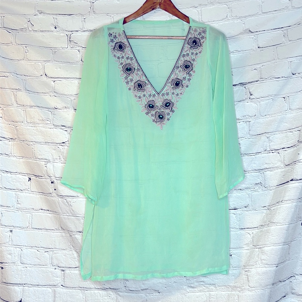 Jeweled Green Sheer Jeweled Neckline Swimsuit Cover-Up Size Medium